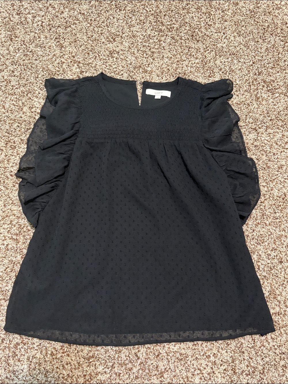 LOFT Black Ruffle Sleeve Swiss Dot Top
